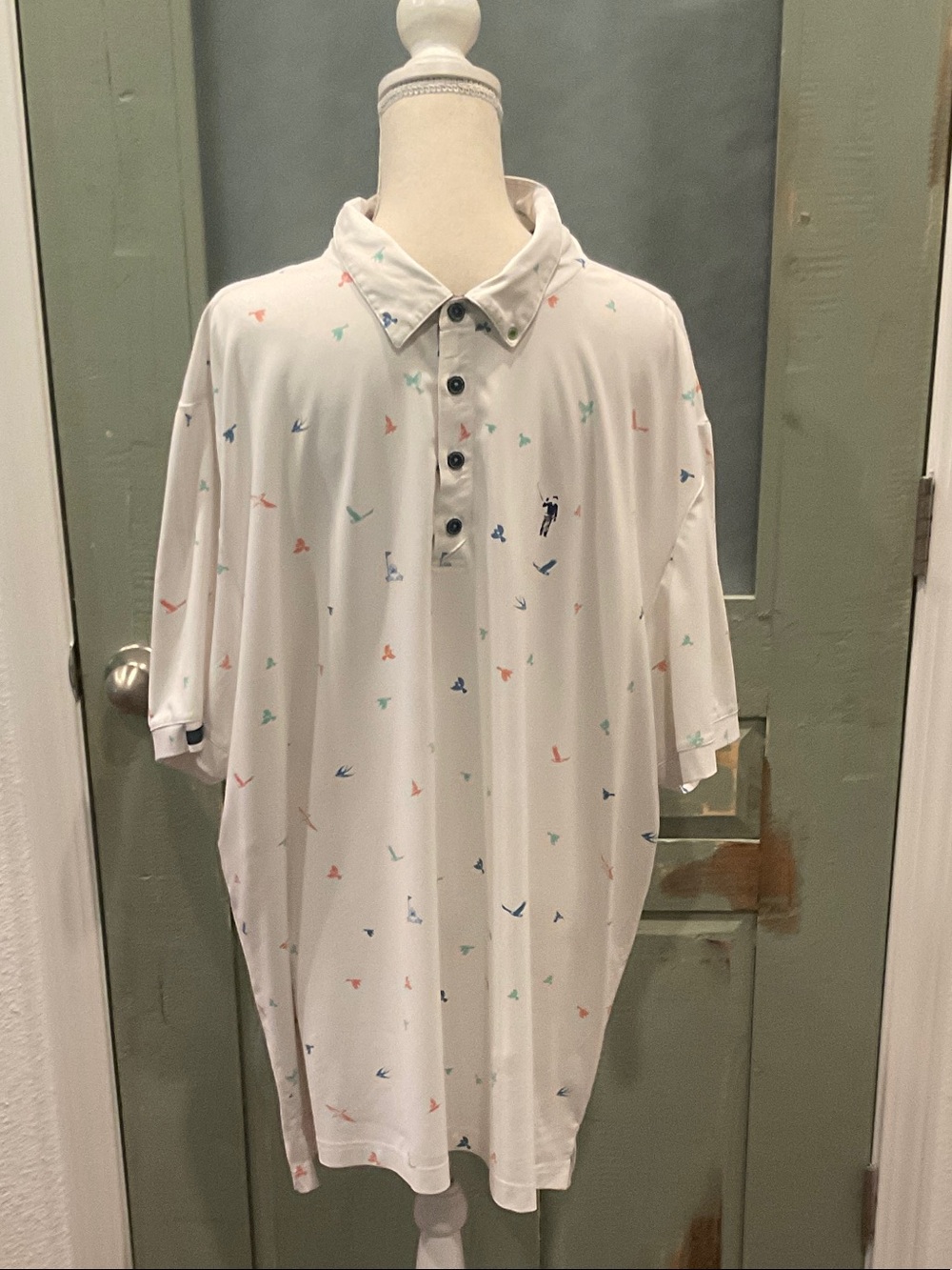 William Murray Golf White Polo with Blue, Green and Coral Micro Prints